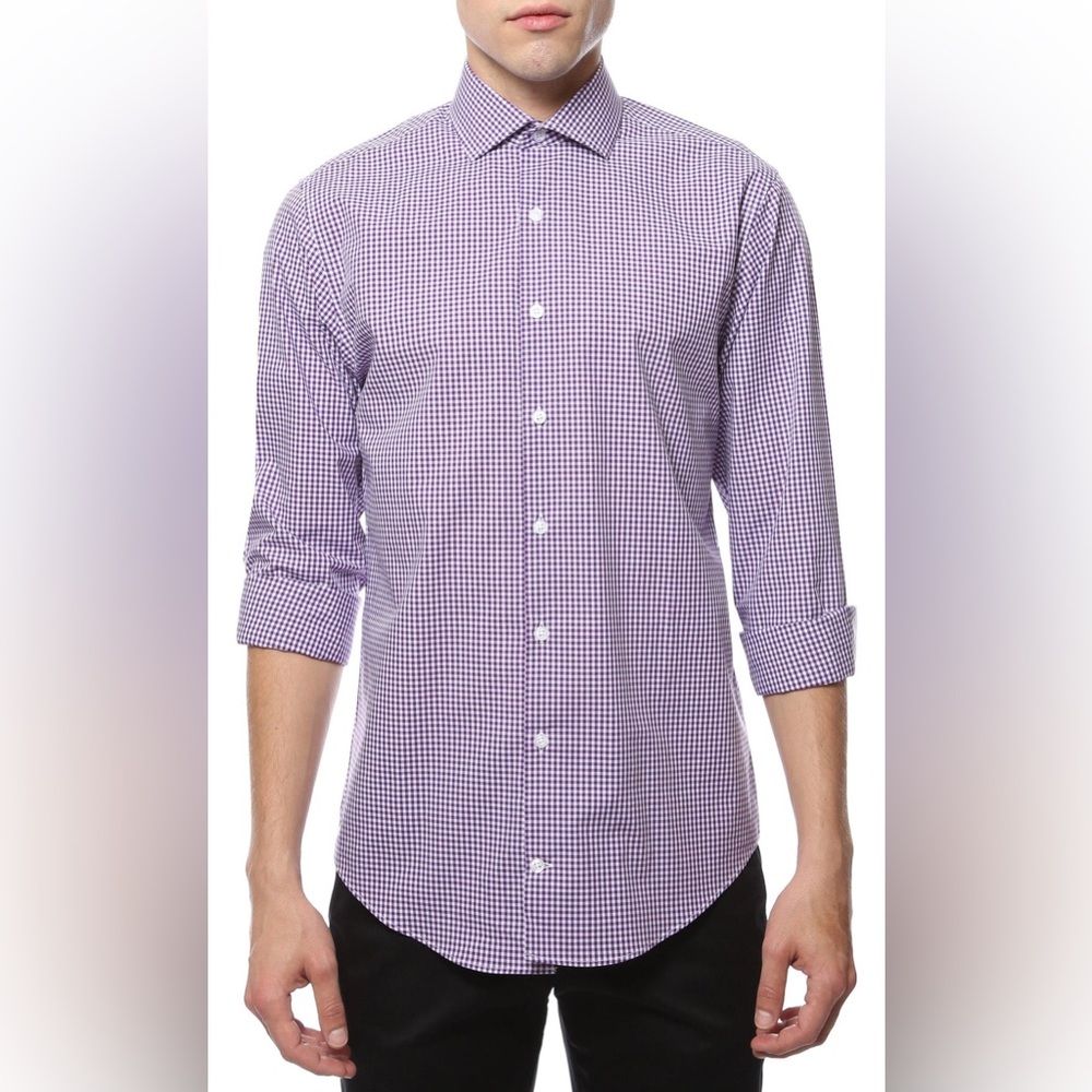 Ermenegildo Zegna Purple Gingham Long Sleeve Button Down Shirt, size M